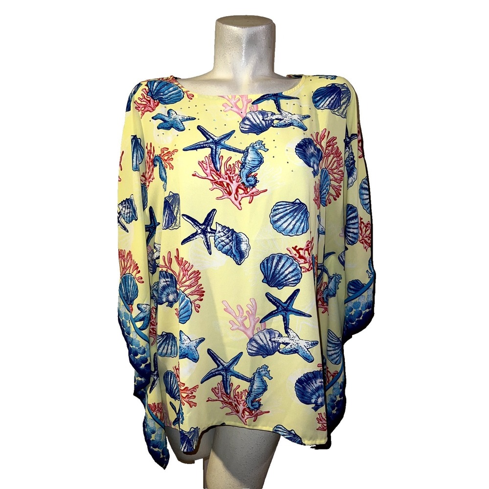 New Quacker Factory Yellow Sea Life Chiffon Poncho Top Rhinestone Starfish Sz L